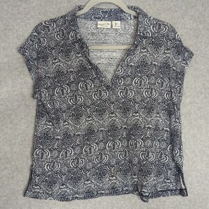 Rachel Zoe Womens Cropped Top Size L Floral Print Linen Short Sleeve Shirt